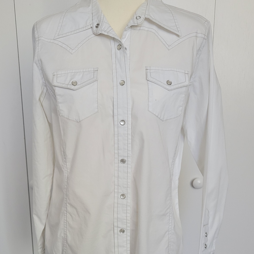 RF Jeans by Rafaella White Western Wear Shirt with Pearl Snaps Size 12